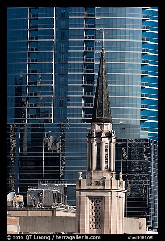 Church bell tower and glass building. Orlando, Florida, USA