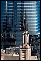 Church bell tower and glass building. Orlando, Florida, USA