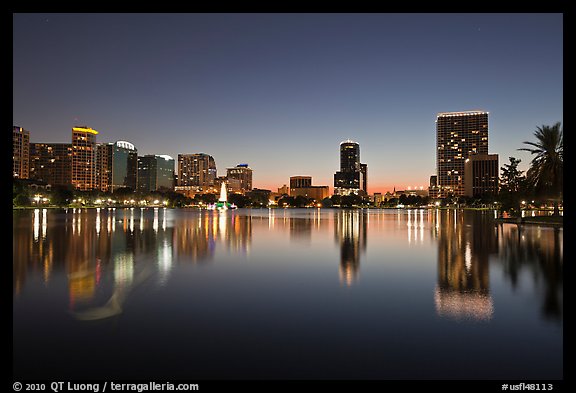 City skyline at dusk from Sumerlin Park. Orlando, Florida, USA
