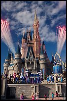 Daytime fireworks and stage show, Cindarella castle. Orlando, Florida, USA (color)