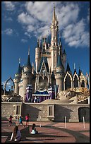 Girls in front of Cindarella castle, Walt Disney World. Orlando, Florida, USA (color)