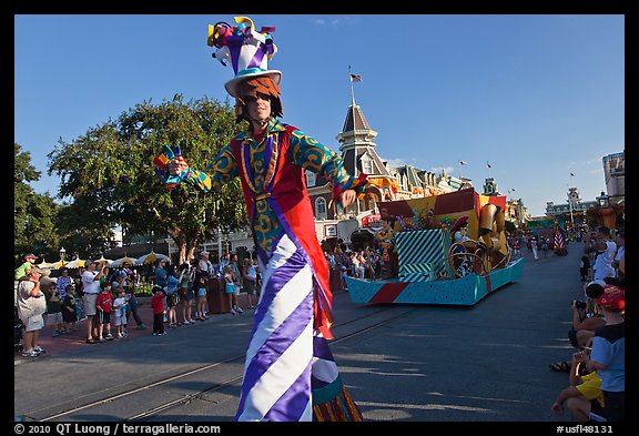 Character on stilts during parade, Main Street. Orlando, Florida, USA