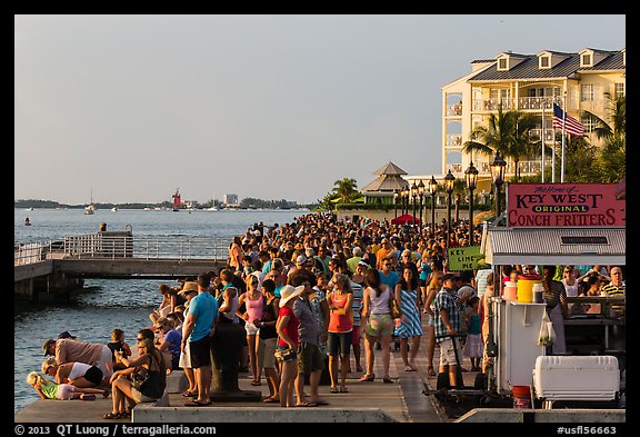Crowd gathered for sunset in Mallory Square. Key West, Florida, USA (color)