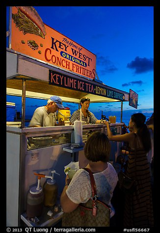 Key West conch fritters food stand at sunset. Key West, Florida, USA