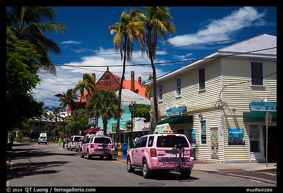 Street with pink cabs. Key West, Florida, USA (color)