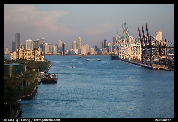 Miami port and skyline at sunrise. Florida, USA (color)