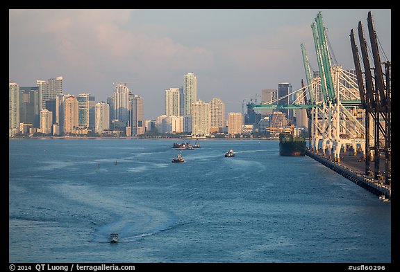 Miami harbor and skyline at sunrise. Florida, USA (color)