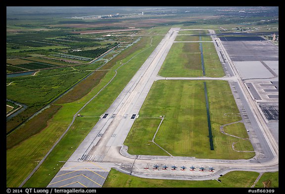 Aerial view of Homestead air force airport with fighter jets parked. Florida, USA (color)