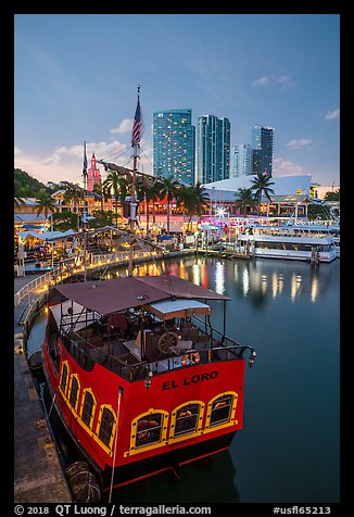 Harbor, Bayside Marketplace, sunset, Miami. Florida, USA (color)