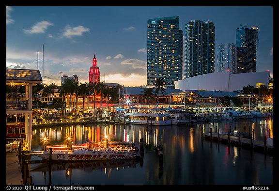 Bayside Marketplace harbor and Freedom Tower at sunset, Miami. Florida, USA (color)