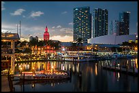 Bayside Marketplace harbor and Freedom Tower at sunset, Miami. Florida, USA ( color)