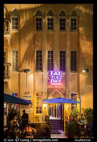 Hotel facade at night, South Beach District, Miami Beach. Florida, USA (color)