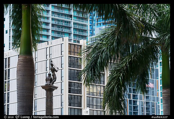 Palm tree leaves, statue, and high rises, Brickell, Miami. Florida, USA (color)