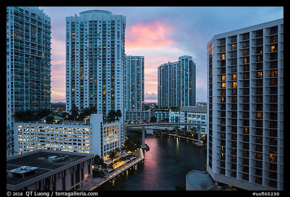 Brickell high-rise towers and Miami River at sunset, Miami. Florida, USA (color)