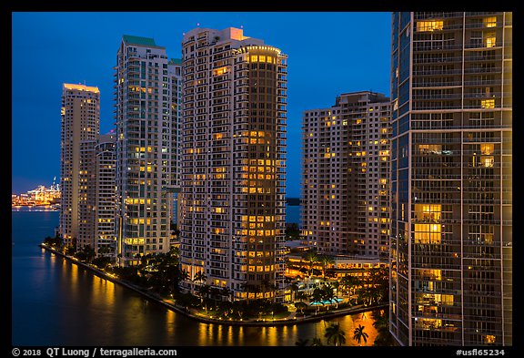 Brickell Key at night, Miami. Florida, USA (color)
