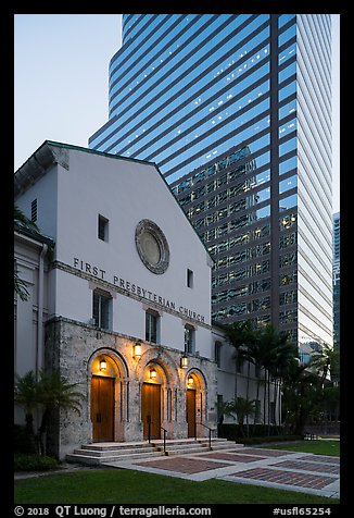 First Miami Presbyterian Church and Bank of America Financial Center, Miami. Florida, USA (color)