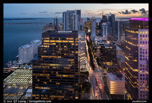 Downtown financial district and Biscayne Bay at sunset from above, Miami. Florida, USA (color)
