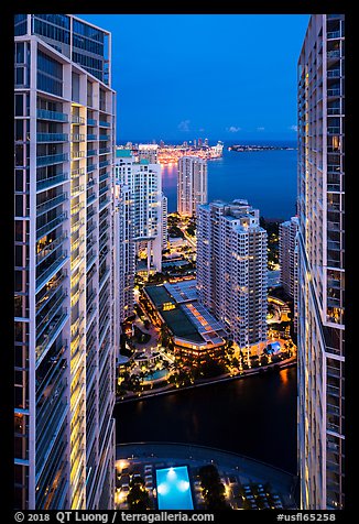 High view of Brickell Point, Brickell Key and Biscayne Bay at night, Miami. Florida, USA (color)