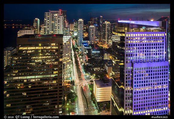 High view of Miami Skyline at night with Brickell Av from Fifty Ultra Lounge, Miami. Florida, USA (color)