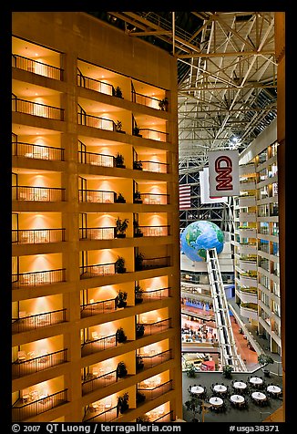 Hotel room balconies inside CNN Center. Atlanta, Georgia, USA (color)