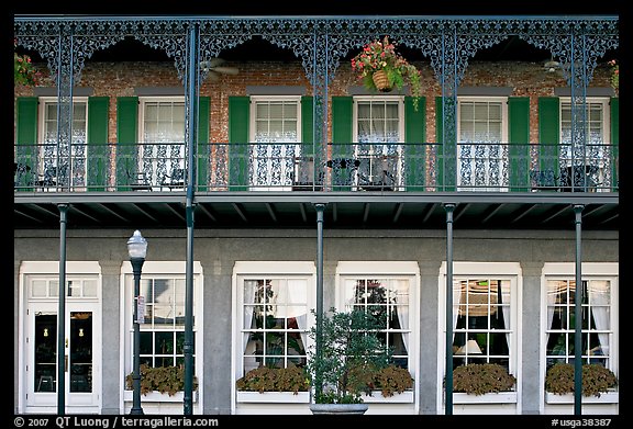 Balcony with wrought-iron decor, Marshall House, Savannah oldest hotel. Savannah, Georgia, USA