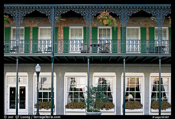 Balcony with wrought-iron decor, Marshall House, Savannah oldest hotel. Savannah, Georgia, USA (color)