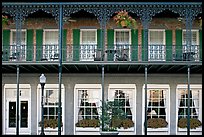 Balcony with wrought-iron decor, Marshall House, Savannah oldest hotel. Savannah, Georgia, USA