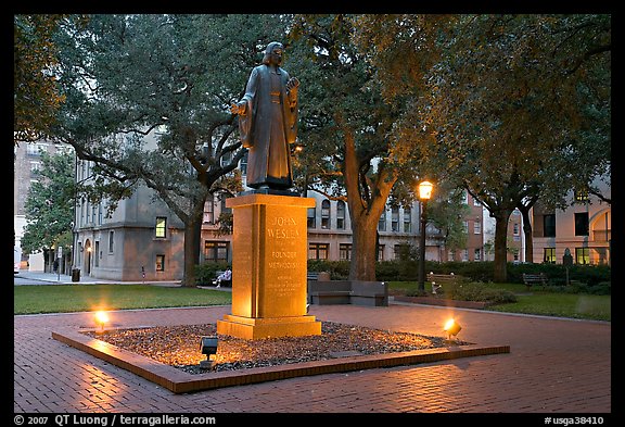 Square with statue of John Wesley at dusk. Savannah, Georgia, USA