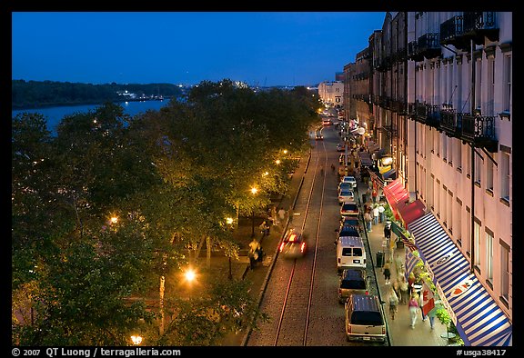 Riverside street at dusk from above. Savannah, Georgia, USA