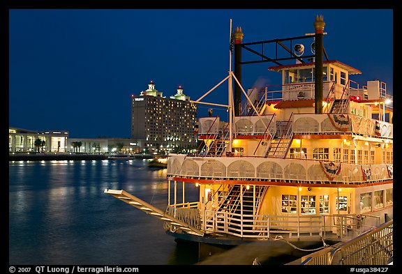 Riverboat and Savannah River at night. Savannah, Georgia, USA