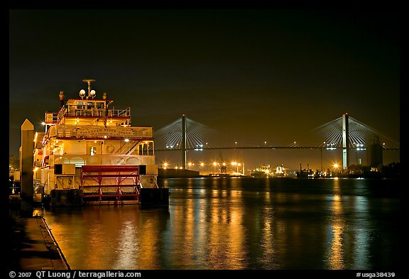 Riverboat, and Savannah Bridge at night. Savannah, Georgia, USA