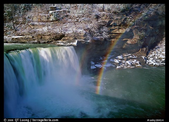 Rainbow over Cumberland Falls in winter. Kentucky, USA