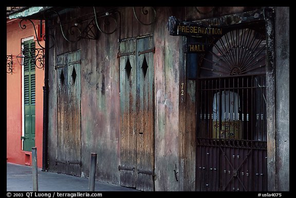 The worned out facade of the Preservation Hall, where some of the best classical jazz can be heard, French Quarter. New Orleans, Louisiana, USA