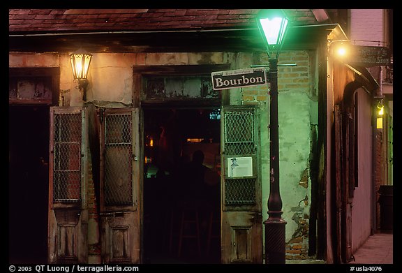 Cafe on Bourbon street at night, French Quarter. New Orleans, Louisiana, USA (color)