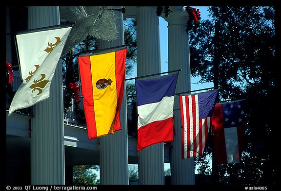 Facade with the four historic flags which have been flown over Louisiana. Louisiana, USA