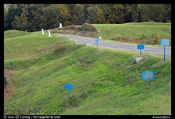 Blue (union) lines markers during civil war pivotal battle, Vicksburg National Military Park. Vicksburg, Mississippi, USA