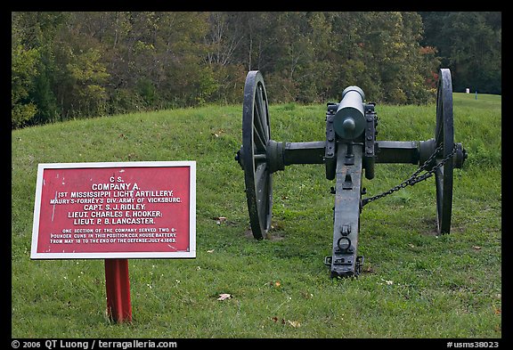 Confederate position marker and cannon, Vicksburg National Military Park. Vicksburg, Mississippi, USA (color)