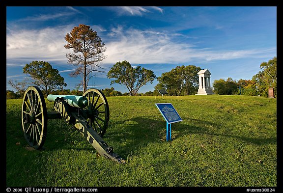 Cannon, union position marker, and monument, Vicksburg National Military Park. Vicksburg, Mississippi, USA (color)