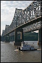 Tugboat under brige on Mississippi River. Natchez, Mississippi, USA ( color)