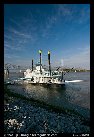 Riverboat, Mississippi River, and bridge, morning. Natchez, Mississippi, USA (color)