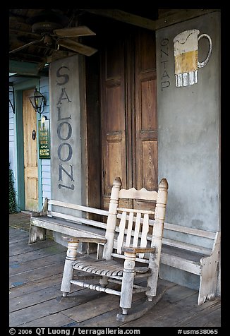 Rocking chair on saloon porch, Natchez under-the-hill. Natchez, Mississippi, USA