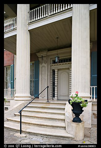Entrance stairs, door, and columns, Magnolia Hall. Natchez, Mississippi, USA (color)