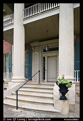 Entrance stairs, door, and columns, Magnolia Hall. Natchez, Mississippi, USA