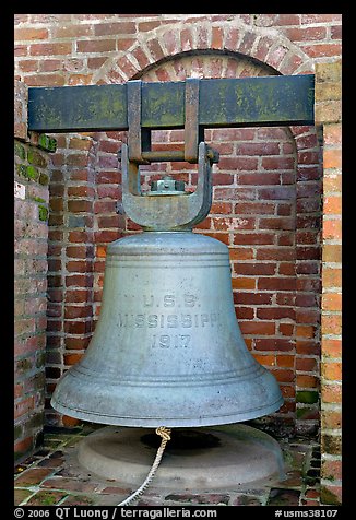 Bell from the USS Mississippi in Rosalie garden. Natchez, Mississippi, USA (color)