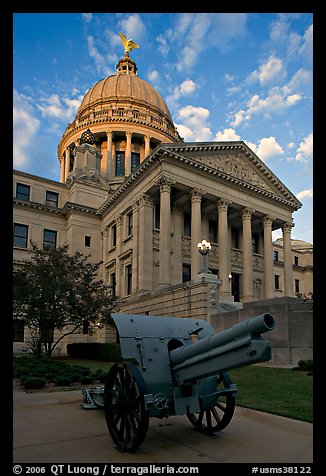 Cannon and Mississippi Capitol at sunset. Jackson, Mississippi, USA