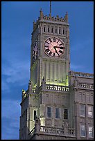 Art Deco clock tower at dusk. Jackson, Mississippi, USA