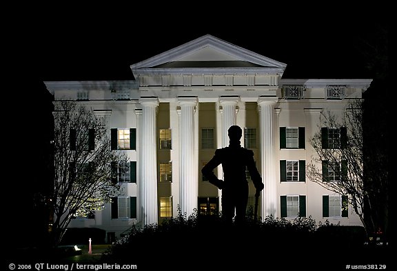 Statue of Andrew Jackson silhouetted against the City Hall at night. Jackson, Mississippi, USA (color)