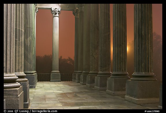 Columns and fog by night, state capitol. Columbia, South Carolina, USA