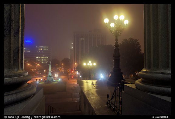 Streets on foggy night seen from state capitol. Columbia, South Carolina, USA