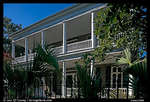 Facade of house with balconies and columns. Charleston, South Carolina, USA